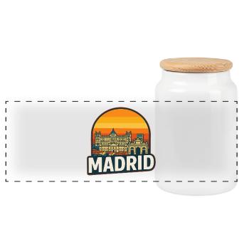 Madrid Skyline Retro Sunset Vintage Design - Panoramic Cookie Jar with Wooden Lid - white - Front