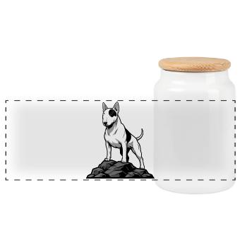 Bull Terrier Dog on Rock Portrait White Spot - Panoramic Cookie Jar with Wooden Lid - white - Front