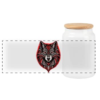 Rot-Schwarzer Stammeswolf - Panorama Keksdose mit Holzdeckel - Weiß - Vorne