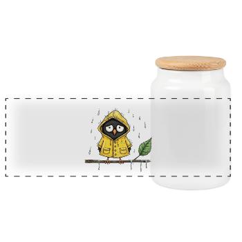Chouette pluvieuse en imperméable jaune - Boîte à biscuits avec couvercle en bois - blanc - Devant