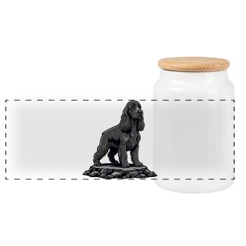 Cocker Spaniel Hund auf schwarzem Felsenporträt - Panorama Keksdose mit Holzdeckel - Weiß - Vorne