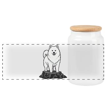 Samojedenhund auf Felsenporträt Weißes Lächeln - Panorama Keksdose mit Holzdeckel - Weiß - Vorne