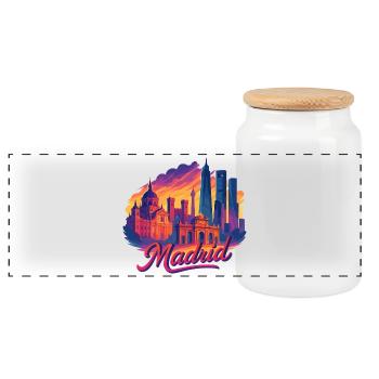 Madrid Skyline: Episch & Tropisch – Modern Art - Panorama Keksdose mit Holzdeckel - Weiß - Vorne