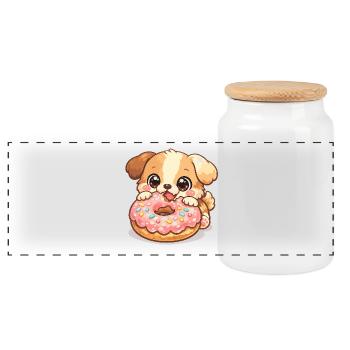 Small dog and donut - Panoramic Cookie Jar with Wooden Lid - white - Front