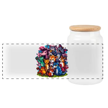Animals Group Cartoon Colors - Panoramic Cookie Jar with Wooden Lid - white - Front