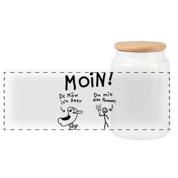 Moin Möwe Pommesdieb Lustig - Panorama Keksdose mit Holzdeckel - Weiß - Vorne