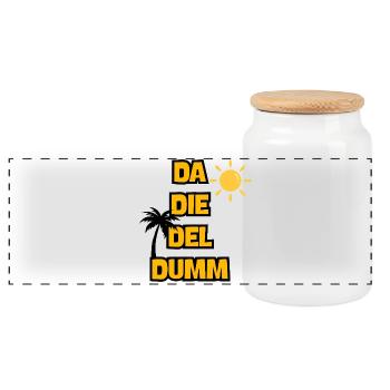 DA DIE DEL DUMM: MALLE VOLL GAS! JGA, PARTY URLAUB - Panorama Keksdose mit Holzdeckel - Weiß - Vorne