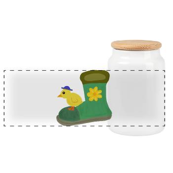Chick on Green Boot with Flower - Panoramic Cookie Jar with Wooden Lid - white - Front