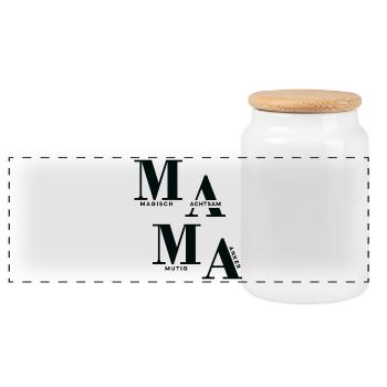 Gestaffeltes MAMA Design in Schwarz für helle Mode - Panorama Keksdose mit Holzdeckel - Weiß - Vorne