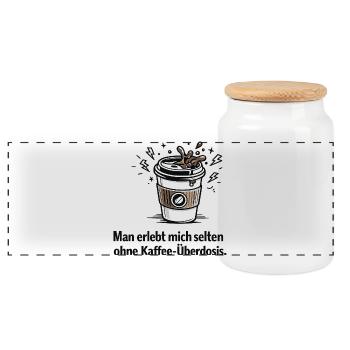 Kaffee-Überdosis Spruchbecher - Panorama Keksdose mit Holzdeckel - Weiß - Vorne
