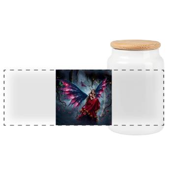 Winged fairy in red dress - Panoramic Cookie Jar with Wooden Lid - white - Front