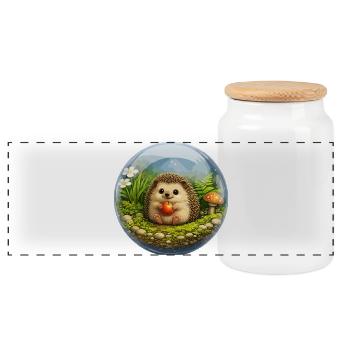 Hedgehog in Glass Ball with Forest Scene - Panoramic Cookie Jar with Wooden Lid - white - Front
