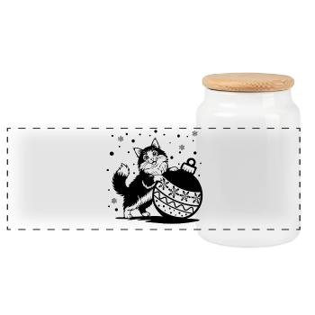 Chat mignon et duveteux avec une grande boule de Noël – St. - Boîte à biscuits avec couvercle en bois - blanc - Devant