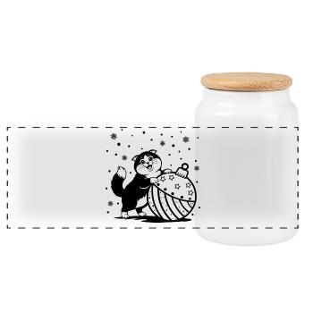 Cute Fluffy Cat with a Big Christmas Bauble - Panoramic Cookie Jar with Wooden Lid - white - Front