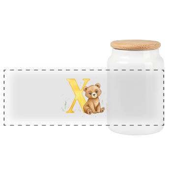 X and Teddy Bear Watercolor Painting - Panoramic Cookie Jar with Wooden Lid - white - Front
