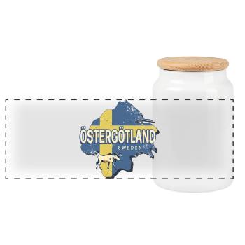Östergötland Schweden Retro Provinz Souvenir - Panorama Keksdose mit Holzdeckel - Weiß - Vorne