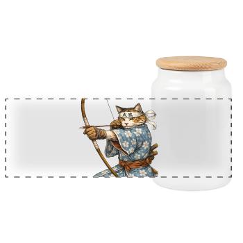 Kyudo Cat Archer – Japanese Zen Archery Art - Panoramic Cookie Jar with Wooden Lid - white - Front