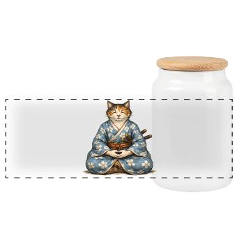 Zen Samurai Cat Meditation Kimono - Panoramic Cookie Jar with Wooden Lid - white - Front