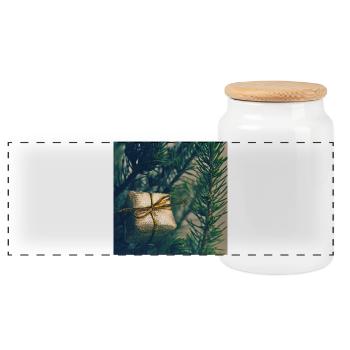 Golden present on pine branches - Panoramic Cookie Jar with Wooden Lid - white - Front