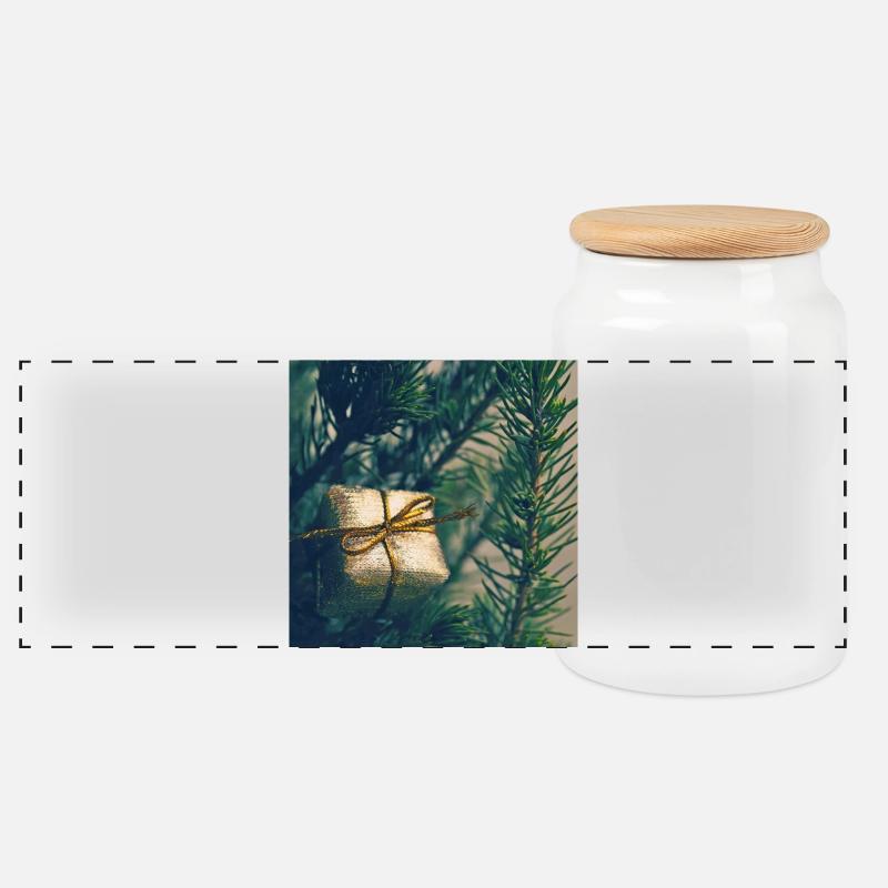 Présent doré sur branches de pin - Boîte à biscuits avec couvercle en bois - blanc