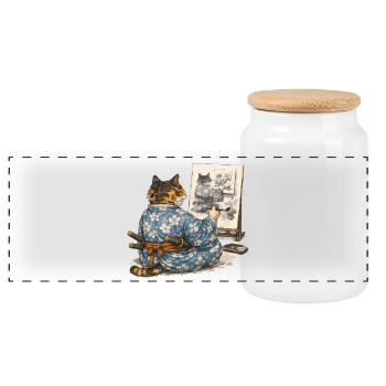 Samurai Cat Painting Sumi-e Ukiyo-e Art - Panoramic Cookie Jar with Wooden Lid - white - Front