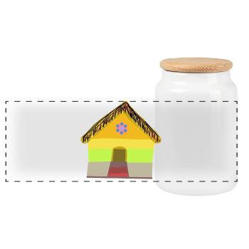 Colourful village house with thatched roof - Panoramic Cookie Jar with Wooden Lid - white - Front