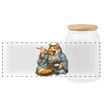 Samurai-Katze Tonkatsu Japanisches Essen Ukiyo-e - Panorama Keksdose mit Holzdeckel - Weiß - Vorne