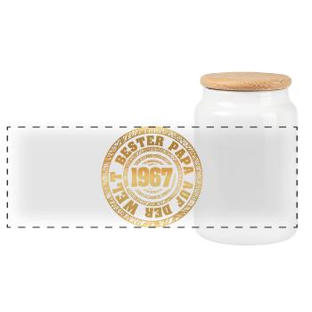 Gold Stamp 1967 Vintage - Panoramic Cookie Jar with Wooden Lid - white - Front