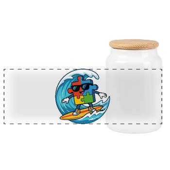 Cool Surfing Puzzle Piece Mascot Summer Beach Art - Panoramic Cookie Jar with Wooden Lid - white - Front