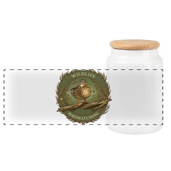 Bird Watching Wildlife Emblem - Panoramic Cookie Jar with Wooden Lid - white - Front