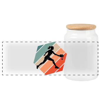 Pickleball players Motif around Pickleball Athlete - Panoramic Cookie Jar with Wooden Lid - white - Front