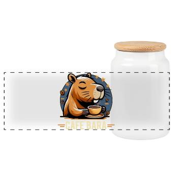 Café Bara Funny Capybara Cartoon - Panoramic Cookie Jar with Wooden Lid - white - Front