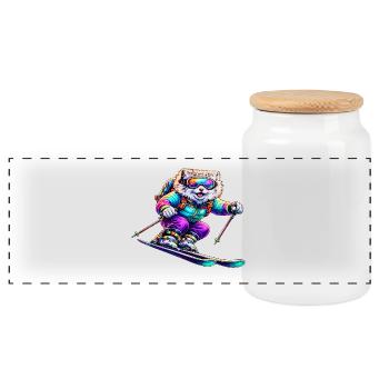 Neon Ski Dog Winter Sports Animal - Panoramic Cookie Jar with Wooden Lid - white - Front