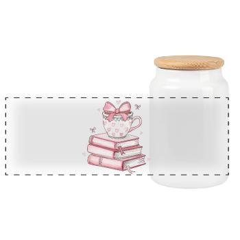 Heart Mug and Stack of Books - Panoramic Cookie Jar with Wooden Lid - white - Front