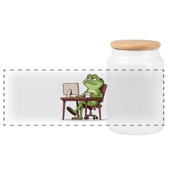 Frog office with coffee - Panoramic Cookie Jar with Wooden Lid - white - Front