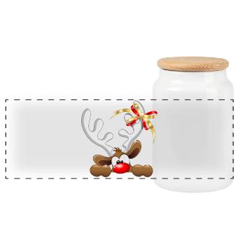 Funny Reindeer Cartoon Peeking Christmas meme - Panoramic Cookie Jar with Wooden Lid - white - Front