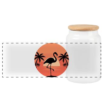 Flamingo in Sunset Tropic - Panoramic Cookie Jar with Wooden Lid - white - Front