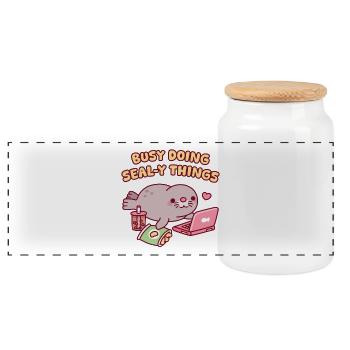 Phoque mignon en forme de seau S’amuse à faire des choses de phoque - Boîte à biscuits avec couvercle en bois - blanc - Devant