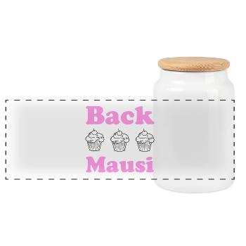 Back Mausi – Funny Gift Baking & Confectioner - Panoramic Cookie Jar with Wooden Lid - white - Front