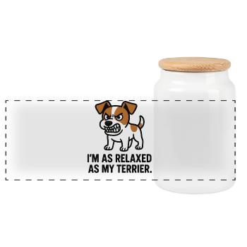 Relaxed Terrier Saying - Panoramic Cookie Jar with Wooden Lid - white - Front