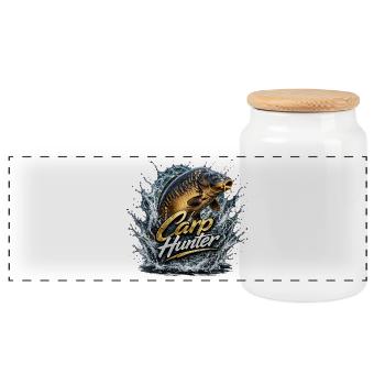 Carp Hunter Splash – Karpfenfischer-Shirt - Panorama Keksdose mit Holzdeckel - Weiß - Vorne