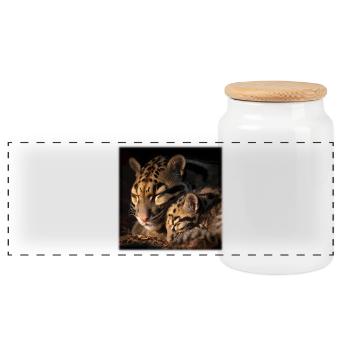 Nebelparder mit Jungtier Liebevolles Wildkatzen - Panorama Keksdose mit Holzdeckel - Weiß - Vorne
