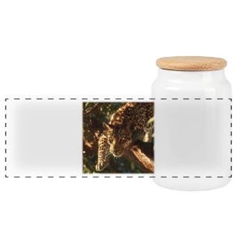 Leopard on Branch Powerful Big Cat Motif - Panoramic Cookie Jar with Wooden Lid - white - Front