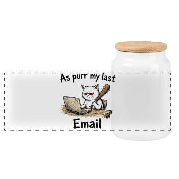 Angry cat email on laptop via my last mail - Panoramic Cookie Jar with Wooden Lid - white - Front