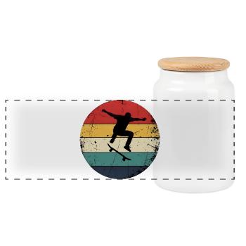Vintage-Skateboard – Retro-Design Sunset Skater - Panorama Keksdose mit Holzdeckel - Weiß - Vorne