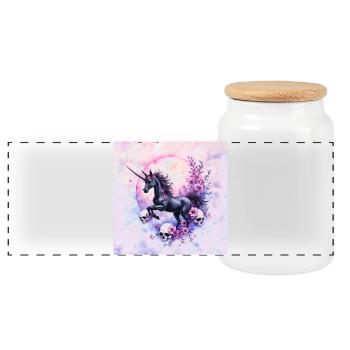 Lunar Unicorn with Flowers and Skulls - Panoramic Cookie Jar with Wooden Lid - white - Front