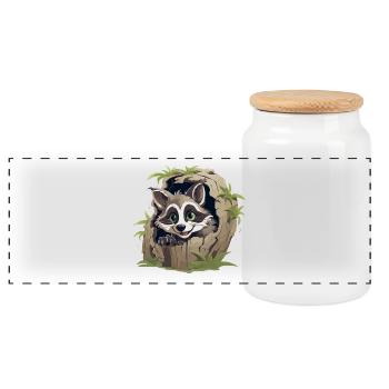Playful raccoon in tree hollow - Panoramic Cookie Jar with Wooden Lid - white - Front