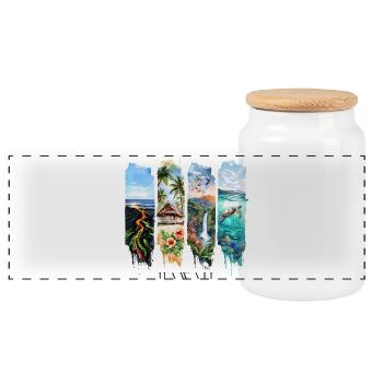 Hawaii Vacation Travel – Volcano & Beach Motif - Panoramic Cookie Jar with Wooden Lid - white - Front