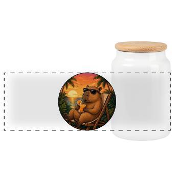 Capibara in a beach chair - Panoramic Cookie Jar with Wooden Lid - white - Front