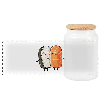 Süßes Kawaii-Manga-Stil-Sushi - Panorama Keksdose mit Holzdeckel - Weiß - Vorne